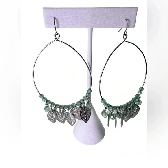 3” Handmade Pastel Green Beads With Silver Leaves Hoop - Light Green Boho Plants - Picture 4 of 5